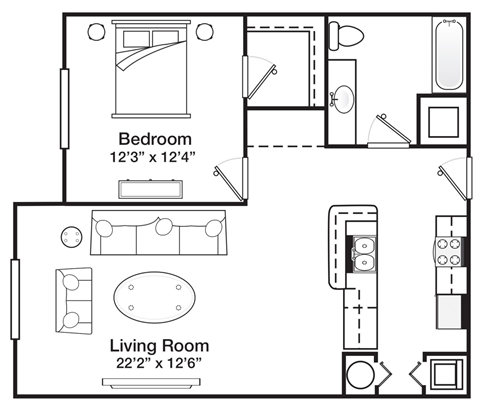 Floor plan for 1 bed, 1 bath, 686 sqft
